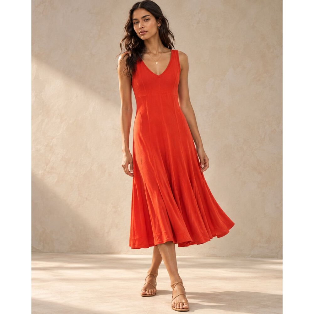 Maeve Anthropologie Abroad Dress M Red Orange Sleeveless V Neck Midi Trumpet Hem
